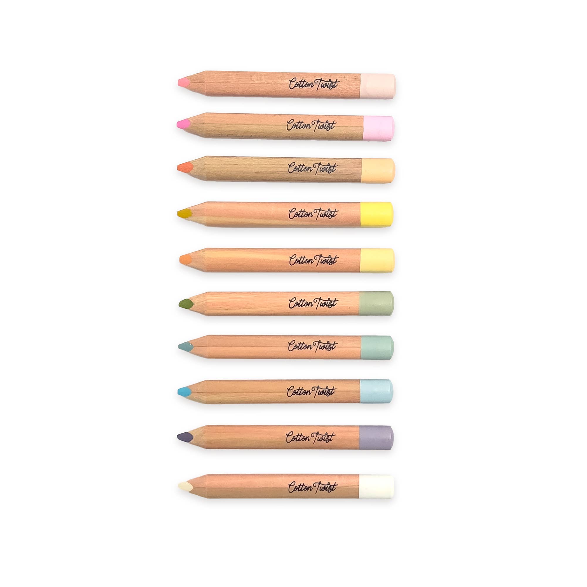 Pastel watercolour pencils lined up showing color range