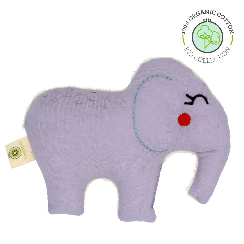Organic cotton baby rattle in elephant shape, front view