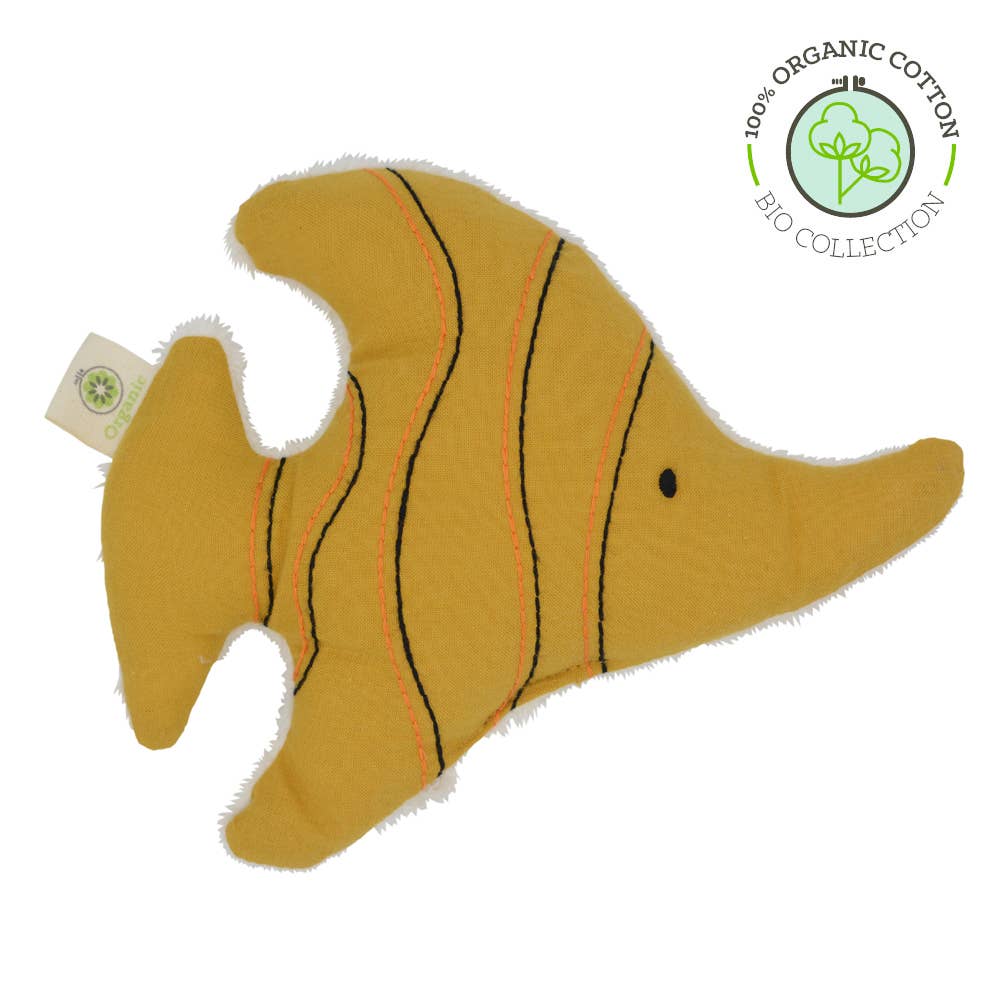Organic cotton baby rattle in fish shape, front view