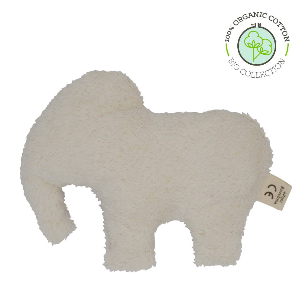 Organic cotton baby rattle in elephant shape, soft plush back