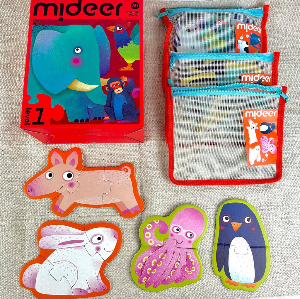 Complete Mideer puzzle set with pouches and animal puzzles