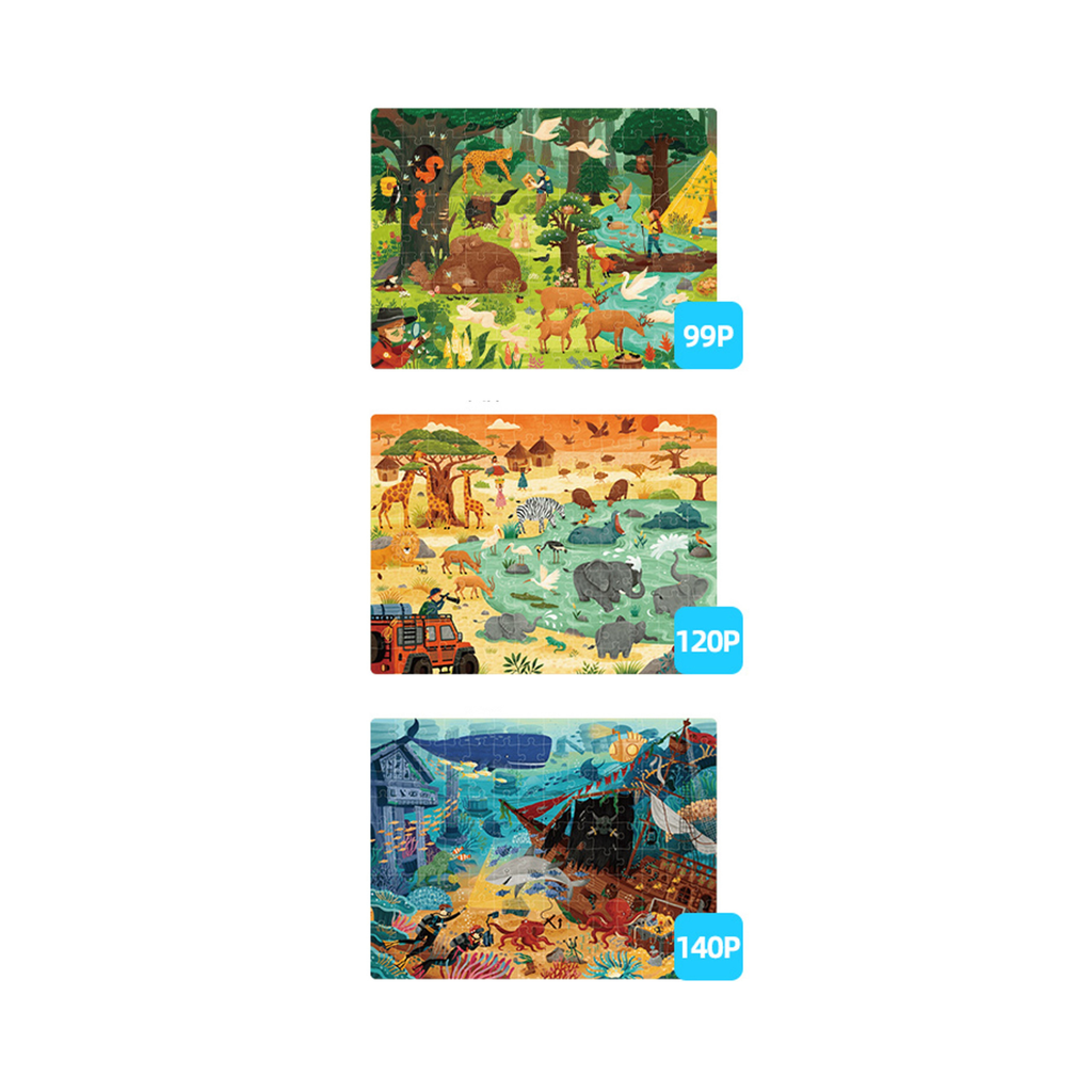 Jungle, Savanna, and Ocean puzzle images from Mideer set