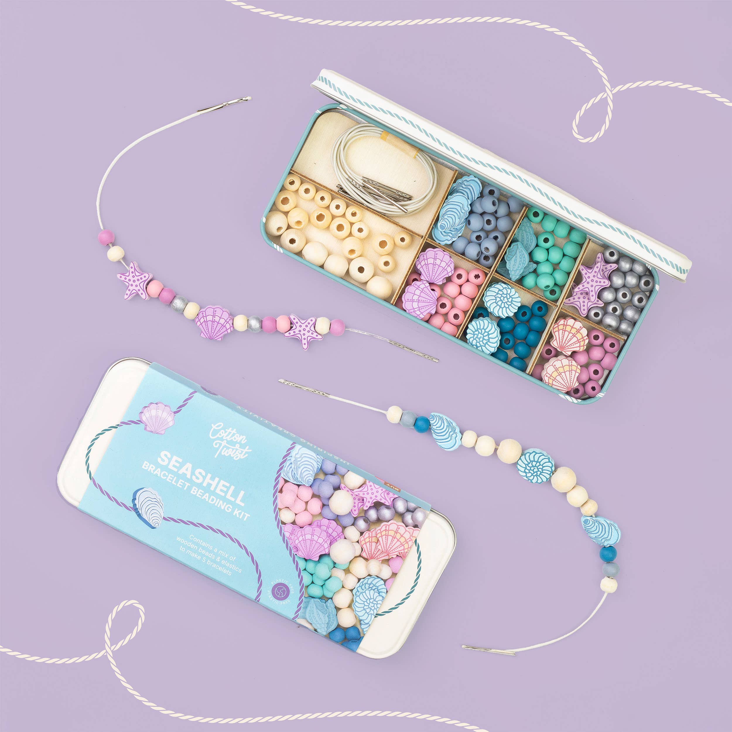 Seashell bracelet making kit flat lay with wooden beads