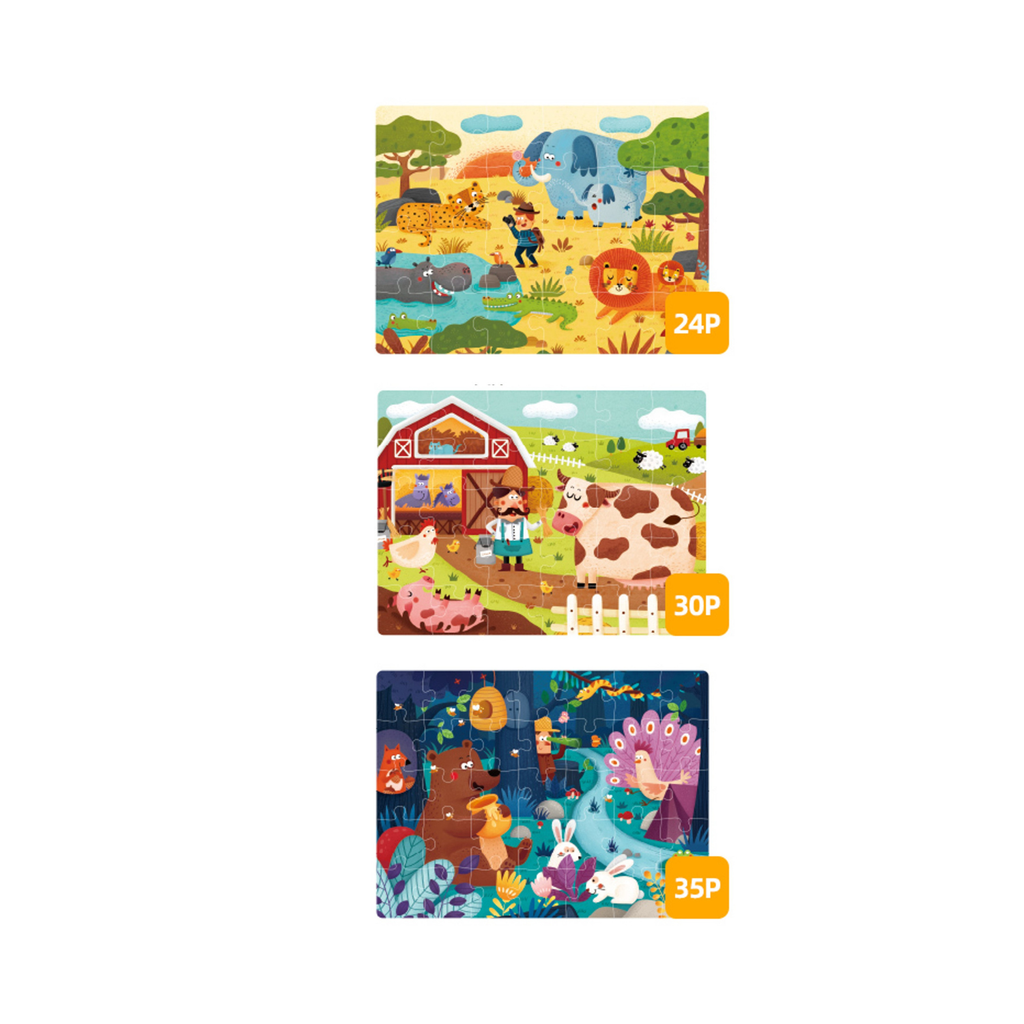 Savanna, Farm, and Forest puzzle images from Mideer set