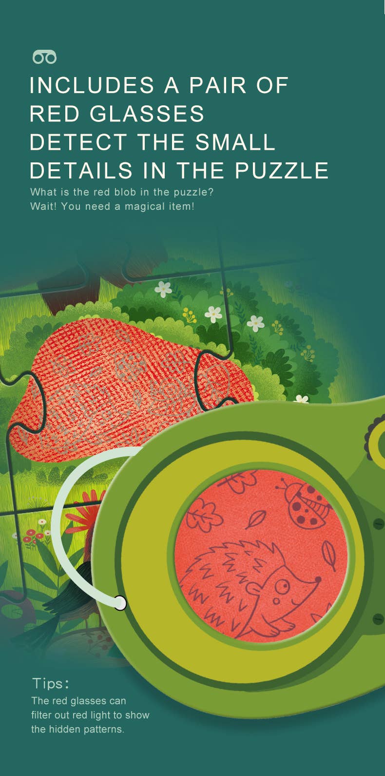 Forest Detective Puzzle box detail, detective glasses feature
