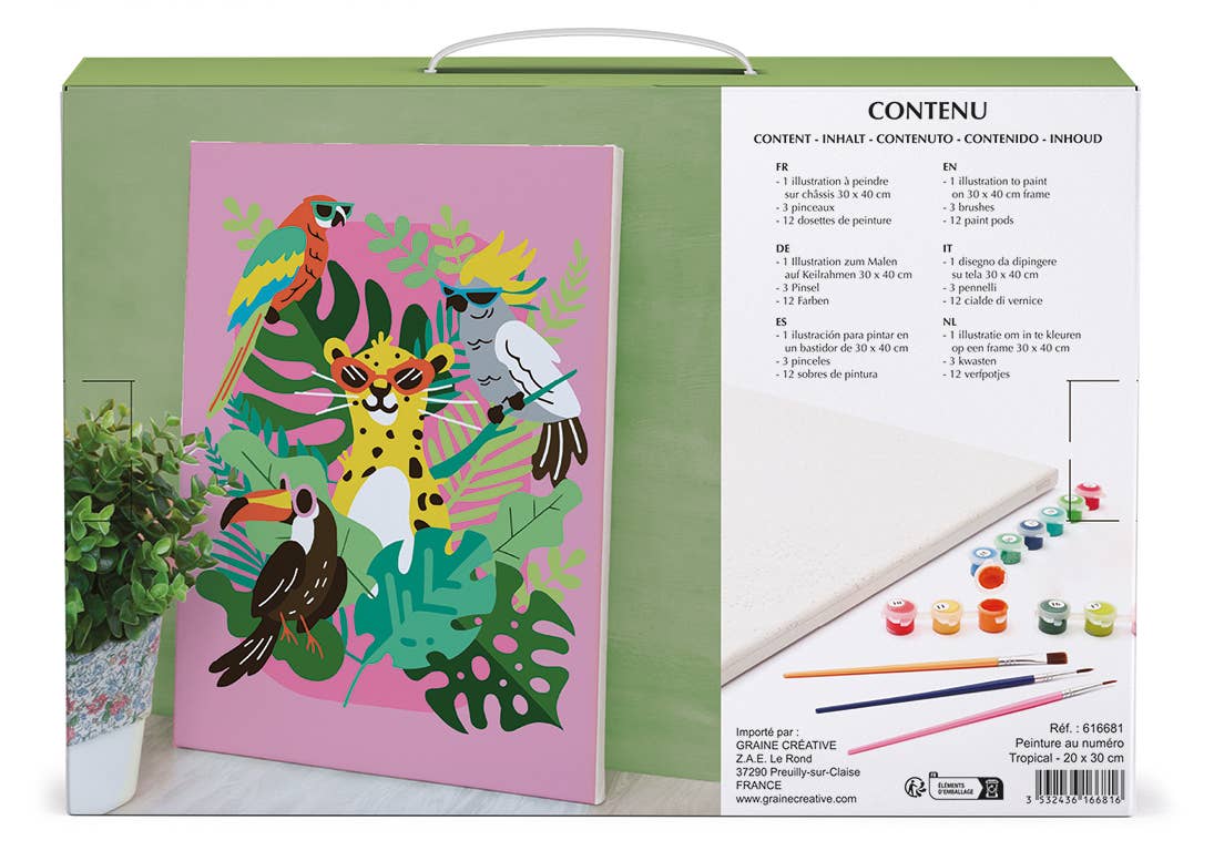 Paint by numbers kit contents: canvas, paints, and brushes