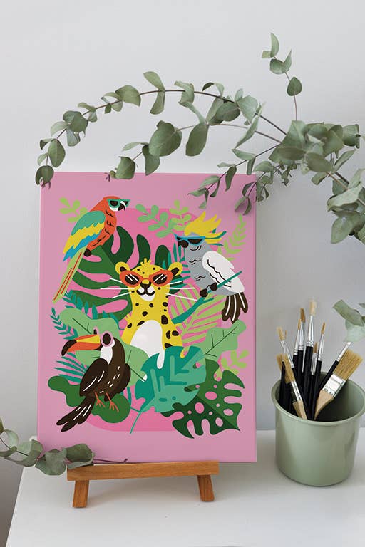 Finished tropical paint by numbers canvas on easel