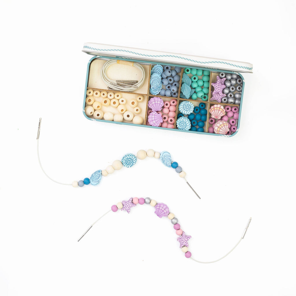 Seashell and wooden bead bracelets close-up