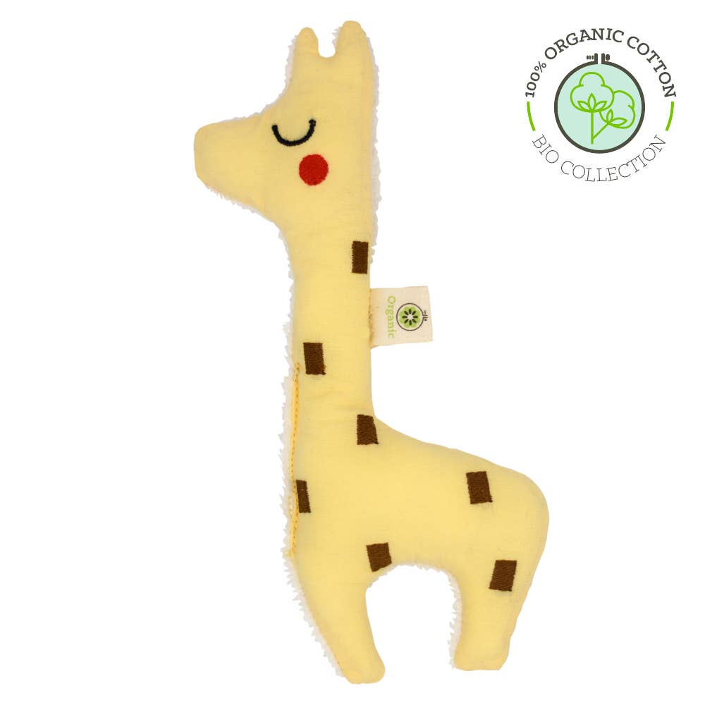 Organic cotton baby rattle in giraffe shape, front view