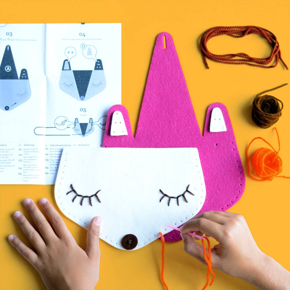 Fox bag sewing kit contents: felt, thread, and strap