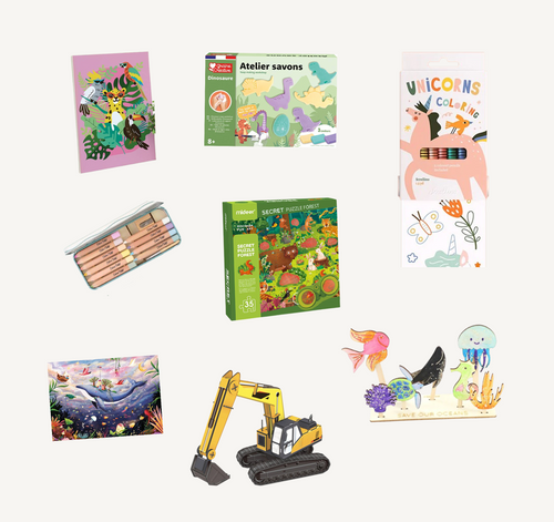 Examples of activity kit content - puzzles, coloring books, crafting kits for kids